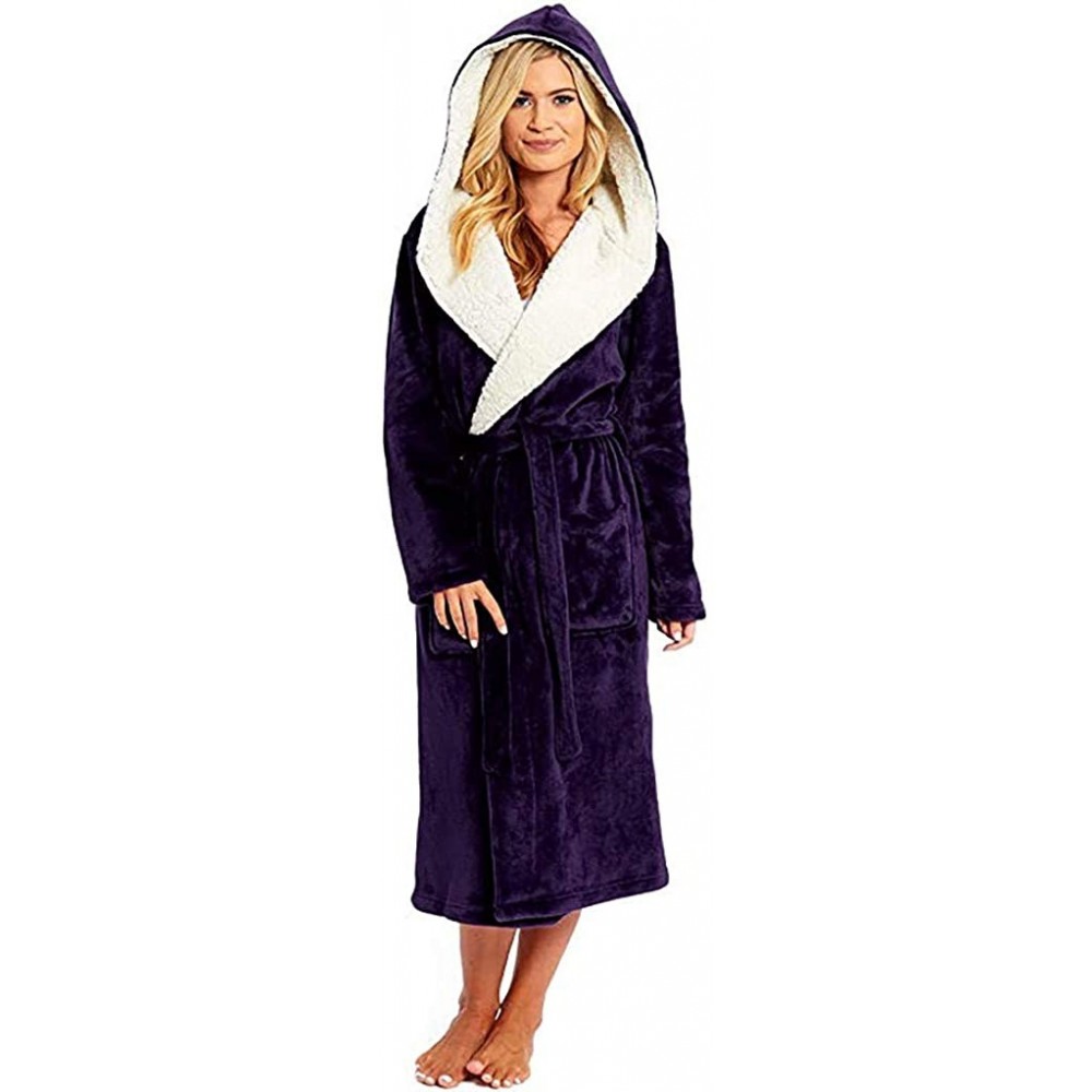 Robes Winter Plush Lined Robe for Women Thick Warm Hooded Pajamas with Belt Soft Bathrobe Sleepwear Oversize Home Clothes - P...