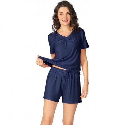 Sets Womens Bamboo Pajamas V Neck Pajama Set Short Sleeves Pjs Plus Size Stretchy Top with Shorts Sleepwear S 4X B navy - CG1...