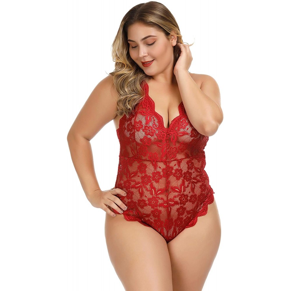 Baby Dolls & Chemises Womens Plus Size Lingerie Babydoll V-Nect Lace Mesh Chemise Sleepwear - Wine Red - C518X7U97YG