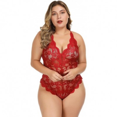 Baby Dolls & Chemises Womens Plus Size Lingerie Babydoll V-Nect Lace Mesh Chemise Sleepwear - Wine Red - C518X7U97YG