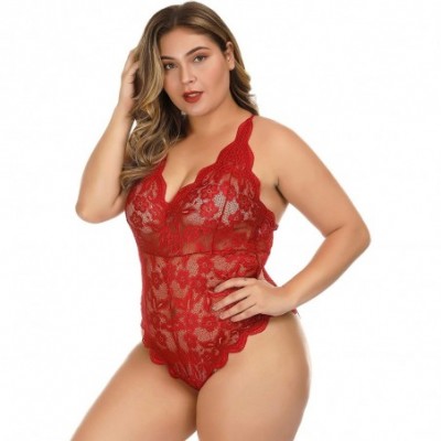 Baby Dolls & Chemises Womens Plus Size Lingerie Babydoll V-Nect Lace Mesh Chemise Sleepwear - Wine Red - C518X7U97YG