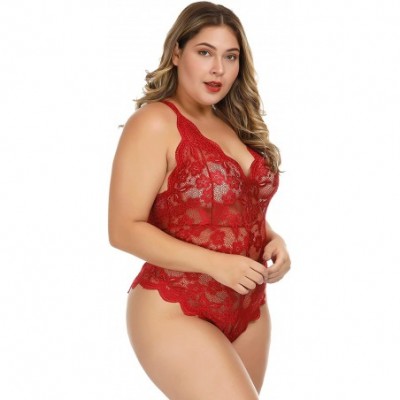 Baby Dolls & Chemises Womens Plus Size Lingerie Babydoll V-Nect Lace Mesh Chemise Sleepwear - Wine Red - C518X7U97YG