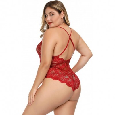 Baby Dolls & Chemises Womens Plus Size Lingerie Babydoll V-Nect Lace Mesh Chemise Sleepwear - Wine Red - C518X7U97YG