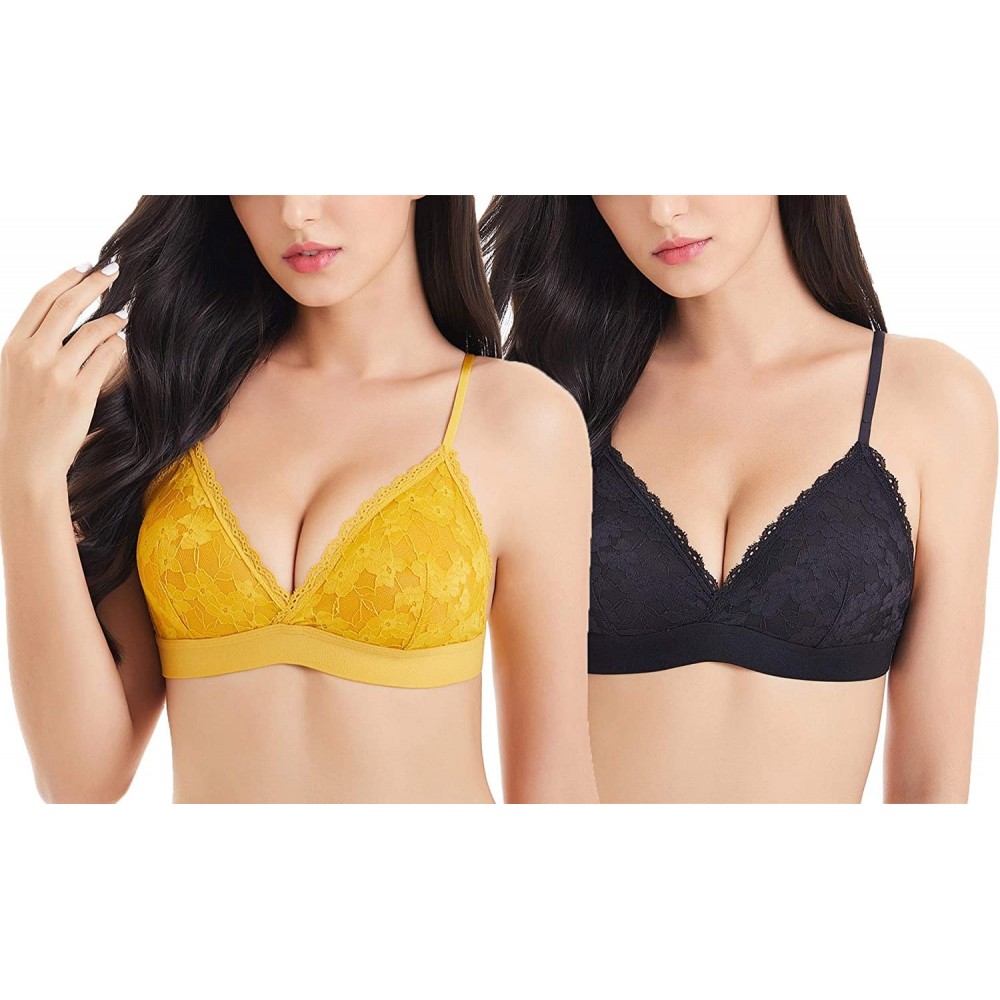 Bras Women's Lace Bralettes Wire Free Unpadded Floral Comfy Lace Bra - Black & Yellow - CW18AGWKRRS