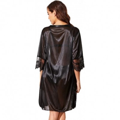 Robes Women Sexy Lace Satin Kimono Robe with Belt Sleepwear Bathrobe Nightwear - Black-2 - C118ZEWEUAU