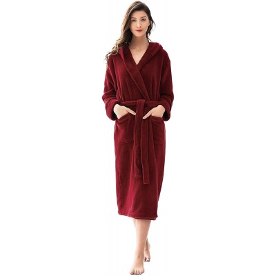 Robes Women's Hooded Bathrobe Long Plush Fleece Robe Shu Velveteen Flannel Loungewear Soft Warm Nightgown S~XL - Wine Red-cor...