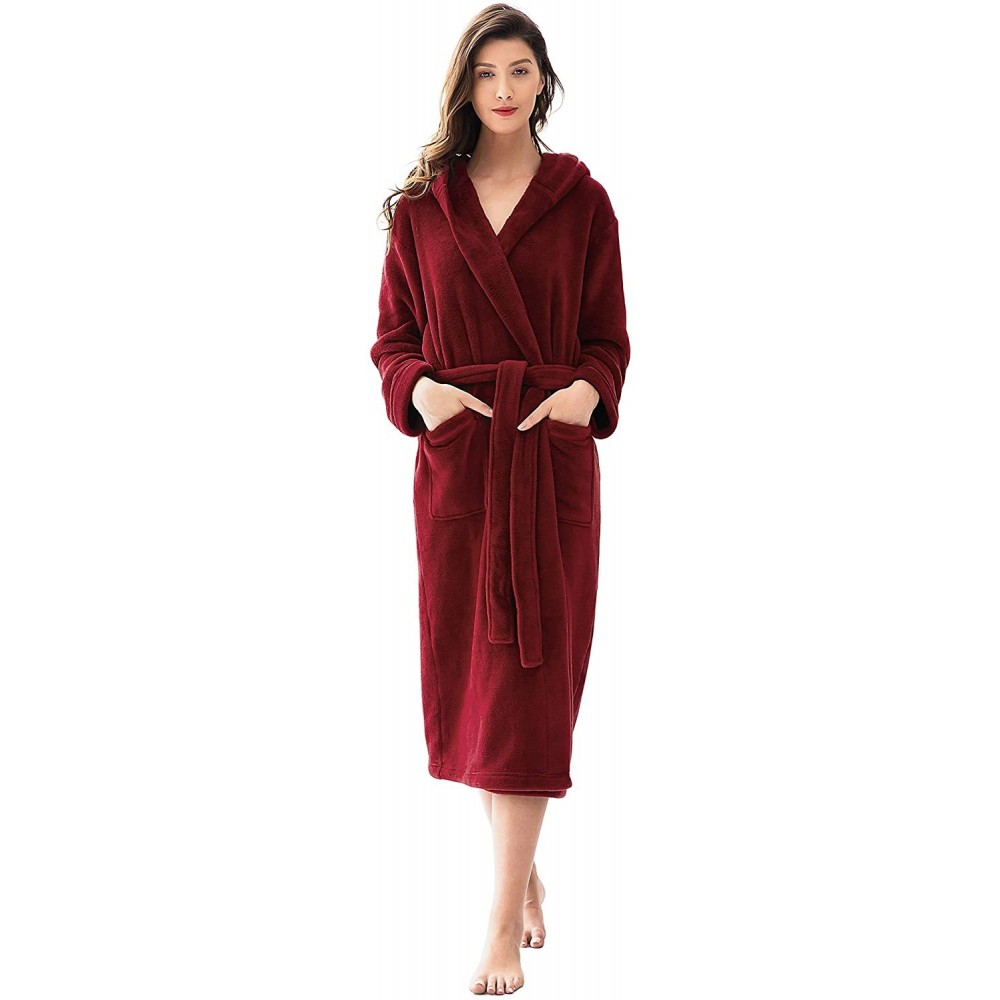 Robes Women's Hooded Bathrobe Long Plush Fleece Robe Shu Velveteen Flannel Loungewear Soft Warm Nightgown S~XL - Wine Red-cor...