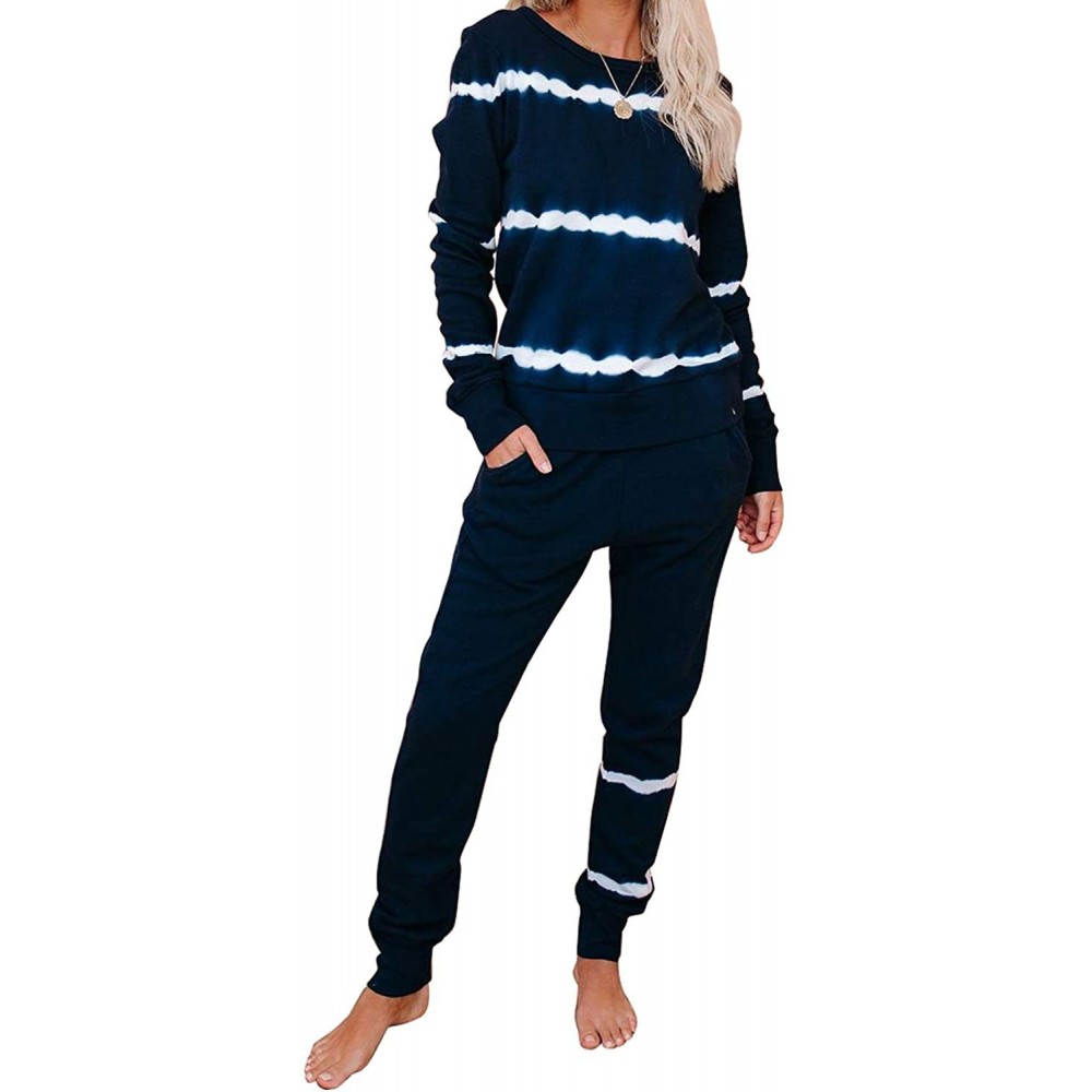 Sets Women's Casual V-Neck Long Sleeve Knit Pullover Tops 2 Piece Pajamas Sets Loungewear - Blue - CB19C93C3HA