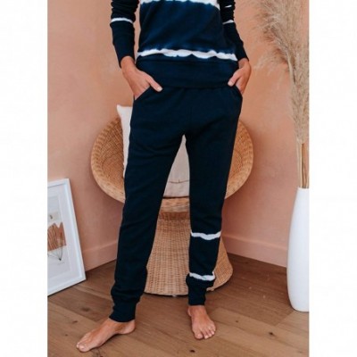 Sets Women's Casual V-Neck Long Sleeve Knit Pullover Tops 2 Piece Pajamas Sets Loungewear - Blue - CB19C93C3HA