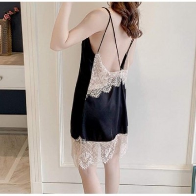 Nightgowns & Sleepshirts Women's Sexy Lace Patchwork Charmeuse Backless Sling Sleep Dress - Black - CM199SLDZGN