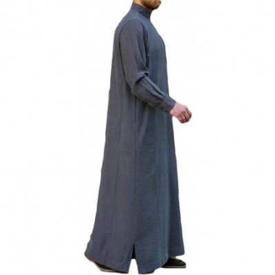 Robes Mens Abaya Muslim Thobe Robe Arab Kaftan Plain Long Sleeve Henley Shirt - Grey - C718XXUT5IN