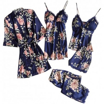 Sets Women's Flowers Print Pajama Sets Sexy Wireless Rimless Lace Nightdress Silk Underwear Sleepwear - Blue5pcs - CM19467W33U