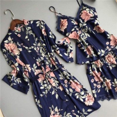 Sets Women's Flowers Print Pajama Sets Sexy Wireless Rimless Lace Nightdress Silk Underwear Sleepwear - Blue5pcs - CM19467W33U