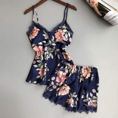 Sets Women's Flowers Print Pajama Sets Sexy Wireless Rimless Lace Nightdress Silk Underwear Sleepwear - Blue5pcs - CM19467W33U