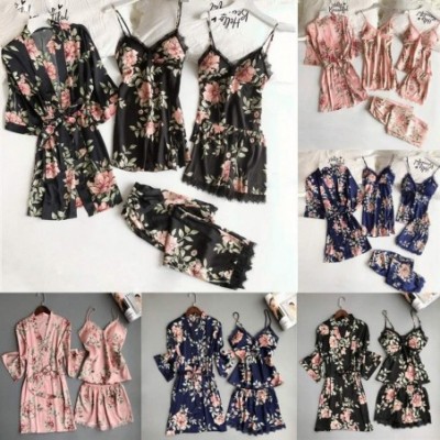 Sets Women's Flowers Print Pajama Sets Sexy Wireless Rimless Lace Nightdress Silk Underwear Sleepwear - Blue5pcs - CM19467W33U