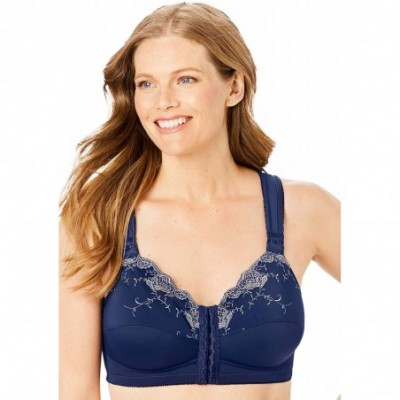 Bras Women's Plus Size Front-Close Embroidered Wireless Posture Bra - Evening Blue Floral (1117) - C4199C8LZMT