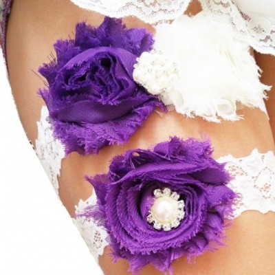 Garters & Garter Belts Wedding Garter Set- Eggplant Purple Ivory Chiffon Flowers w/Pearl Rhinestone - CP124IC2415