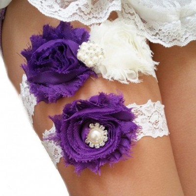 Garters & Garter Belts Wedding Garter Set- Eggplant Purple Ivory Chiffon Flowers w/Pearl Rhinestone - CP124IC2415