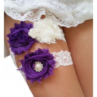 Garters & Garter Belts Wedding Garter Set- Eggplant Purple Ivory Chiffon Flowers w/Pearl Rhinestone - CP124IC2415