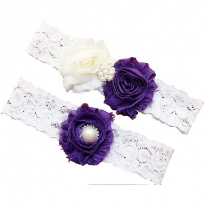 Garters & Garter Belts Wedding Garter Set- Eggplant Purple Ivory Chiffon Flowers w/Pearl Rhinestone - CP124IC2415