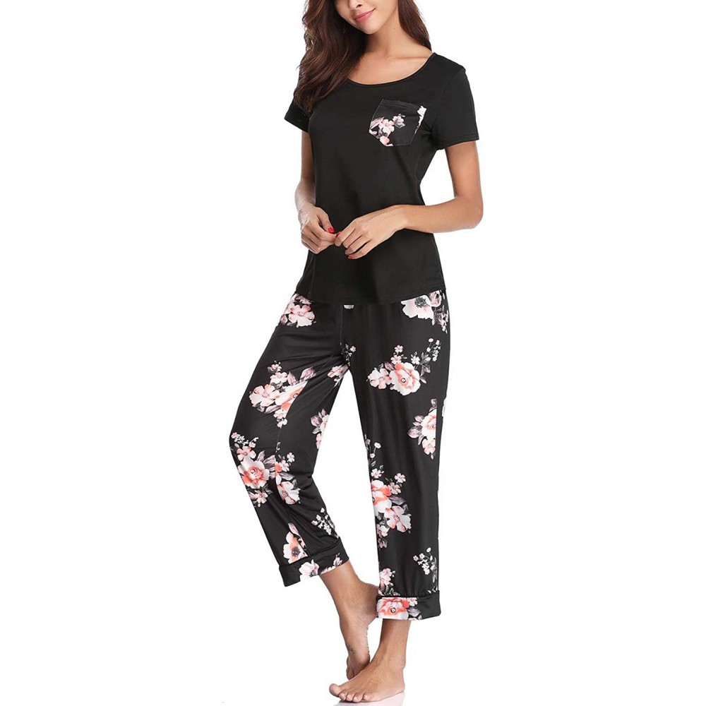 Sets Womens Capri Pajama Sets Cotton Pajamas for Women Short Sleeve Sleepwear Pjs Sets - Black - CO18TOTZSCC