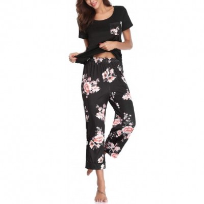 Sets Womens Capri Pajama Sets Cotton Pajamas for Women Short Sleeve Sleepwear Pjs Sets - Black - CO18TOTZSCC