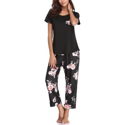 Sets Womens Capri Pajama Sets Cotton Pajamas for Women Short Sleeve Sleepwear Pjs Sets - Black - CO18TOTZSCC