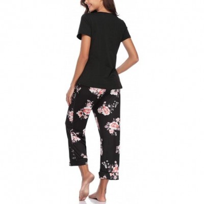 Sets Womens Capri Pajama Sets Cotton Pajamas for Women Short Sleeve Sleepwear Pjs Sets - Black - CO18TOTZSCC