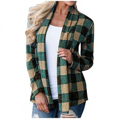 Slips Womens Cardigans Casual Long Sleeve Loose Open Cape Plaid Cardigan Coat Sweater Kimono Jacket Tops - Green - C518XT7KKO4