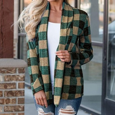 Slips Womens Cardigans Casual Long Sleeve Loose Open Cape Plaid Cardigan Coat Sweater Kimono Jacket Tops - Green - C518XT7KKO4