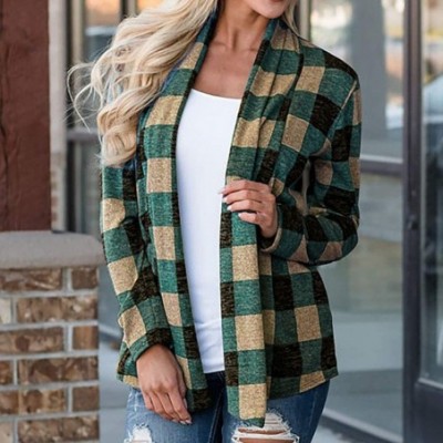 Slips Womens Cardigans Casual Long Sleeve Loose Open Cape Plaid Cardigan Coat Sweater Kimono Jacket Tops - Green - C518XT7KKO4