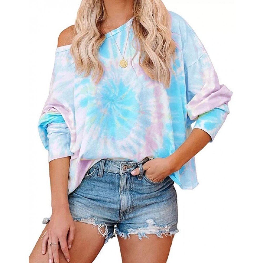 Tops Womens Off The Shoulder Tie Dye Sweatshirt Long Sleeve Crew Neck Casual Loose Pullover Tee Shirt Top - Sky Blue - C1199L...