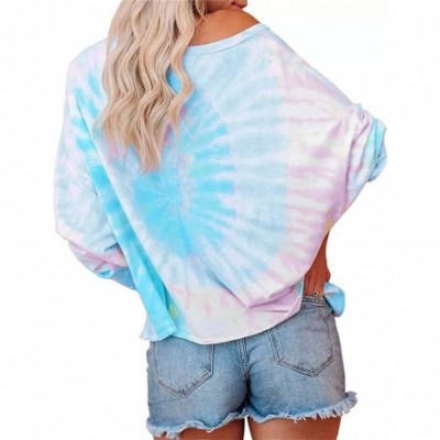 Tops Womens Off The Shoulder Tie Dye Sweatshirt Long Sleeve Crew Neck Casual Loose Pullover Tee Shirt Top - Sky Blue - C1199L...