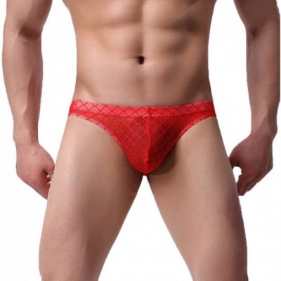 Briefs Sexy Underwear Bikini Briefs for Men Low Rise Stretch Breathable Bulge Pouch Transparent Lace Underpants - Red - CC194...