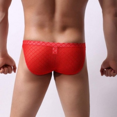 Briefs Sexy Underwear Bikini Briefs for Men Low Rise Stretch Breathable Bulge Pouch Transparent Lace Underpants - Red - CC194...