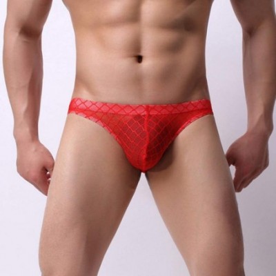 Briefs Sexy Underwear Bikini Briefs for Men Low Rise Stretch Breathable Bulge Pouch Transparent Lace Underpants - Red - CC194...