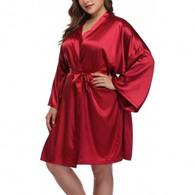 Robes Women's Plus Size Silky Robes Pure Color Short Satin Bathrobes for Wedding - Wine Red - CZ196EGIEXA