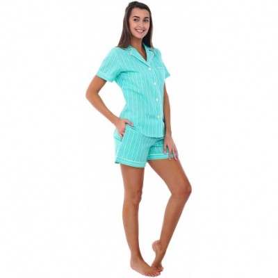 Sets Women's Lightweight Button Down Pajama Set- Short Summer Pjs - Green Striped With White Piping - CB12LHHKU4R