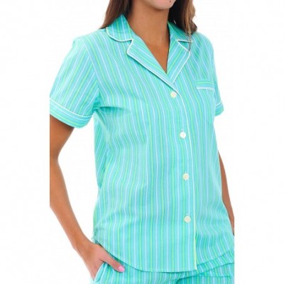 Sets Women's Lightweight Button Down Pajama Set- Short Summer Pjs - Green Striped With White Piping - CB12LHHKU4R