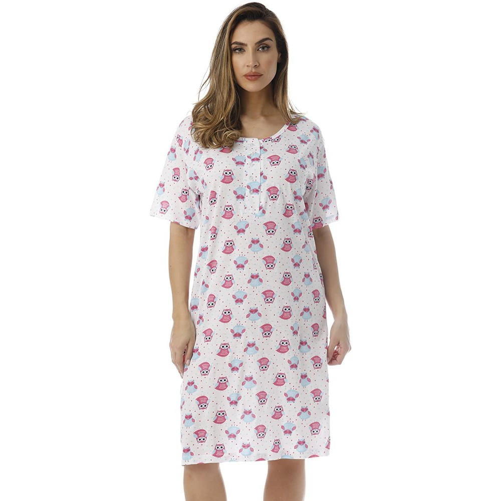 Nightgowns & Sleepshirts Short Sleeve Nightgown Sleep Dress for Women - White - Owl & Dots - CU189TY0X6Z