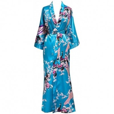 Robes Women Long Robe Print Flower Peacock Bathrobe Gown Bride Wedding Robes - Lack Blue a - CZ18XDQGNRH