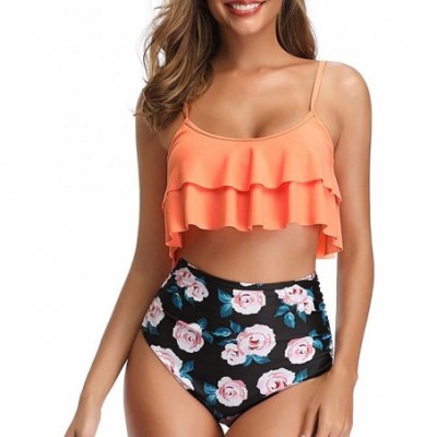 Shapewear Swimsuit for Women Two Pieces Top Ruffled Backless Racerback with High Waisted Bottom Tankini Set - H-orange - CN19...