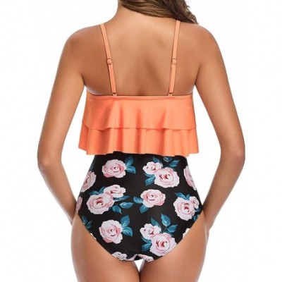 Shapewear Swimsuit for Women Two Pieces Top Ruffled Backless Racerback with High Waisted Bottom Tankini Set - H-orange - CN19...