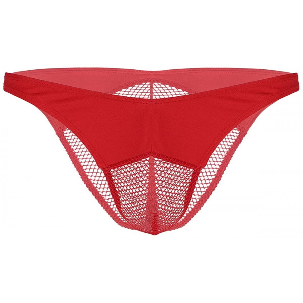 Bikinis Sexy Men's Mesh Fishnet Perspective Pouch Bikini Briefs Underwear Low Rise Thongs Panties - Red - CE18OW075XZ