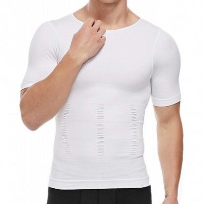 Undershirts Men Shapewear Vest Seamless Abdomen Slim Shirt Classic Abs Body Shaper - White (With Short Sleeve) - C218SRSOOIQ