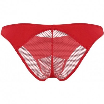 Bikinis Sexy Men's Mesh Fishnet Perspective Pouch Bikini Briefs Underwear Low Rise Thongs Panties - Red - CE18OW075XZ