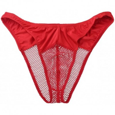 Bikinis Sexy Men's Mesh Fishnet Perspective Pouch Bikini Briefs Underwear Low Rise Thongs Panties - Red - CE18OW075XZ