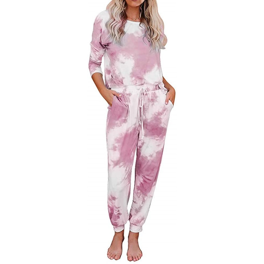 Sets Women 2 Piece Tie Dye Sweatsuit Set- Lounge Jogger Pants Printed Pajamas Sets - Pink - C619DNXW3GZ