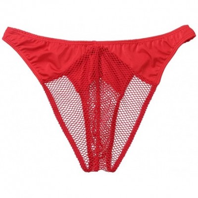 Bikinis Sexy Men's Mesh Fishnet Perspective Pouch Bikini Briefs Underwear Low Rise Thongs Panties - Red - CE18OW075XZ