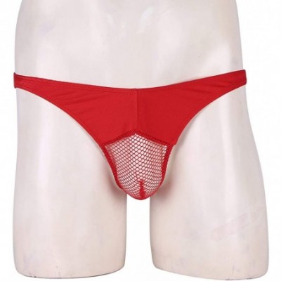 Bikinis Sexy Men's Mesh Fishnet Perspective Pouch Bikini Briefs Underwear Low Rise Thongs Panties - Red - CE18OW075XZ